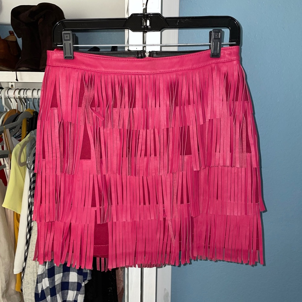 Hot-pink fringed skirt bought from Neiman Marcus